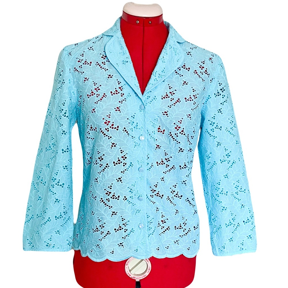 Talbots Eyelet Lace Aqua Blue Collared Button Front Leaf Patten 3/4 Sleeve